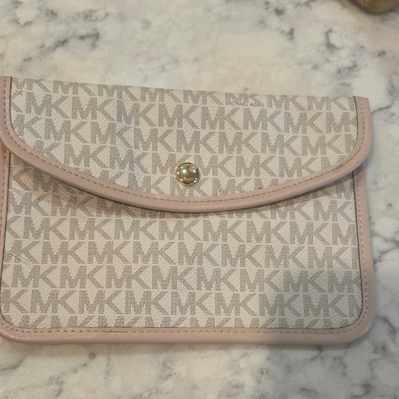 Michael Kors Handbags - Michael Kors Beige and Pink Logo Clutch